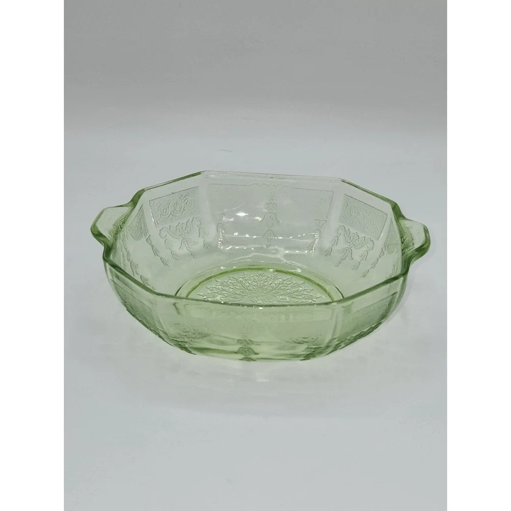 Anchor Hocking Princess Green Uranium Glass Handled Nappy Dish Octagonal 6